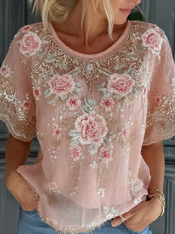 Women's Vintage Floral Embroidered Art Flowy Linen Blend Short Sleeve Casual Tops