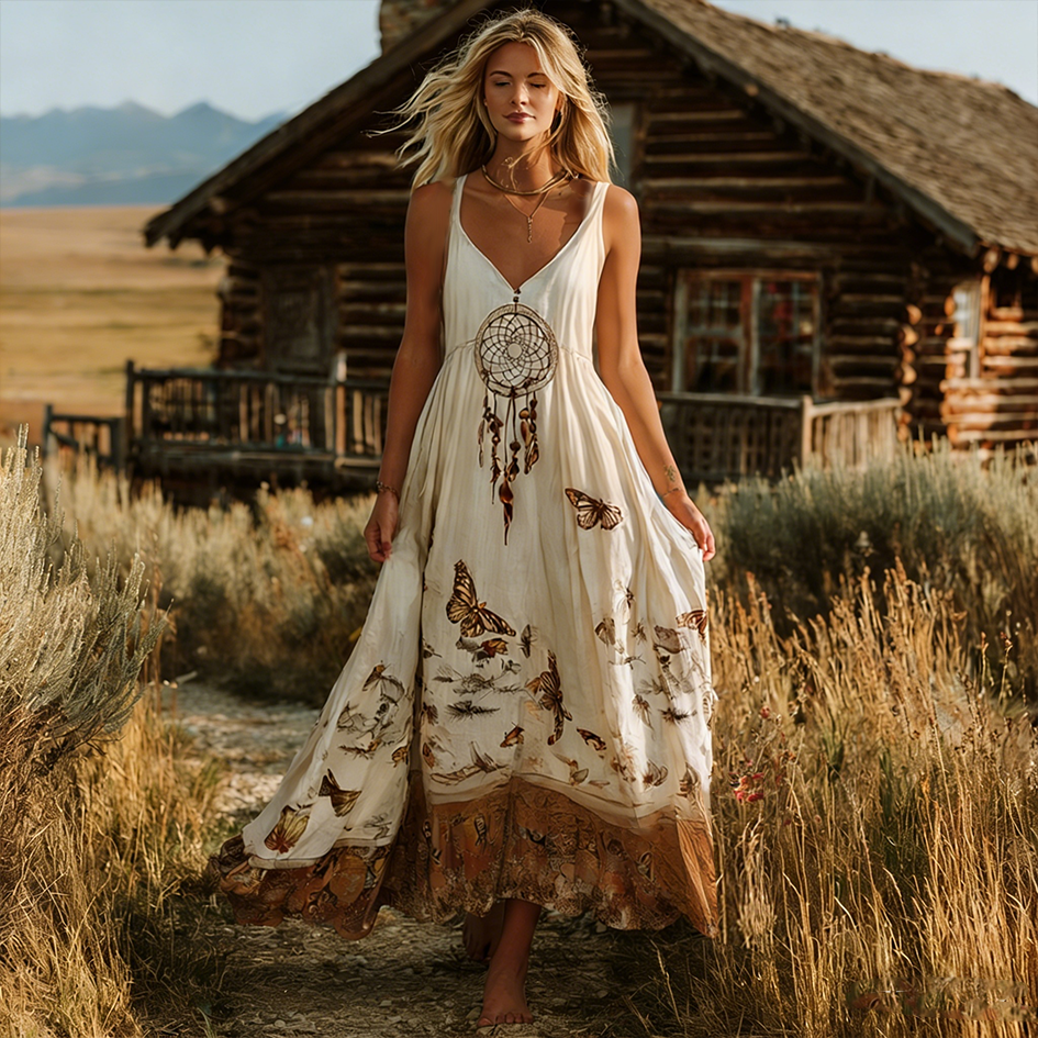 Bohemian Style Dream Catcher And Butterfly Element Women's Dress