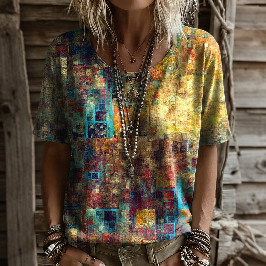 Women's Retro Abstract Geometric Art Print Crew Neck Short Sleeve T-shirt