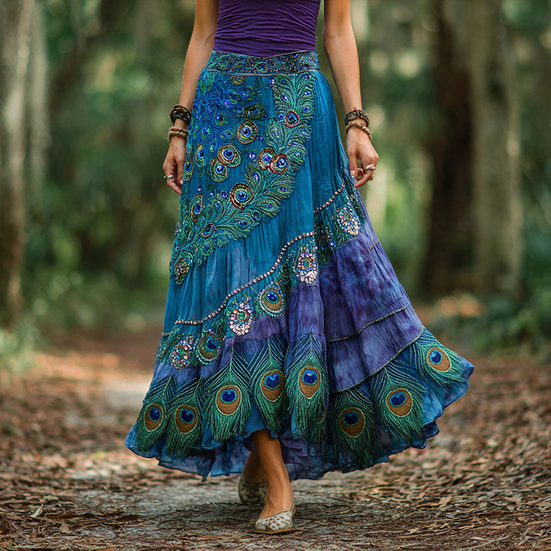 Women's Vintage Peacock Feather Gradient Art Linen Blend Midi Skirt