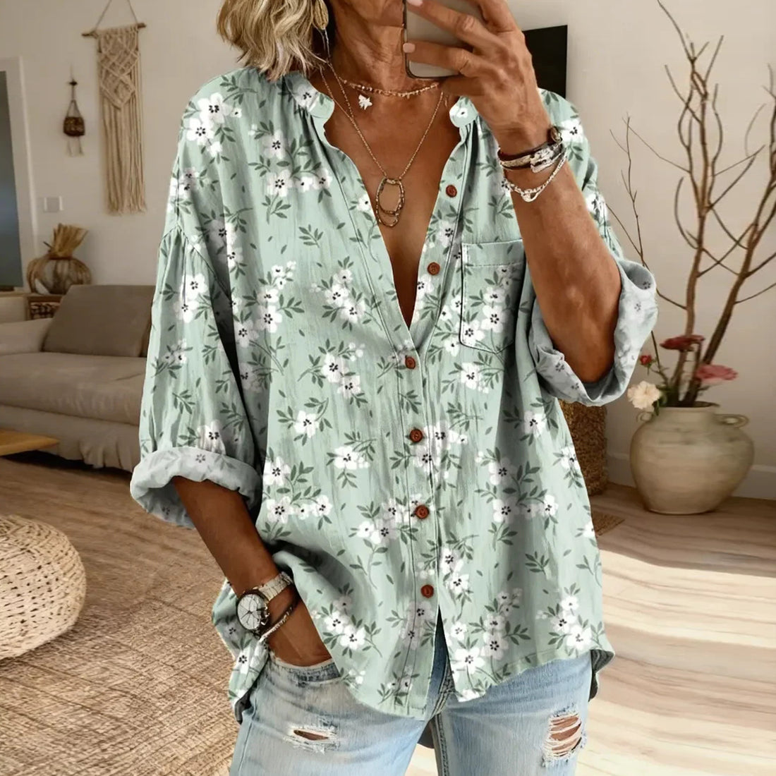 Ethnicity Flowers Light Green Women's Vintage Art Print Casual Cotton And Linen Shirt