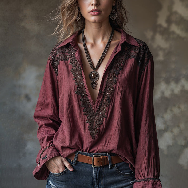 Women's Vintage Floral Art Print Linen Tops