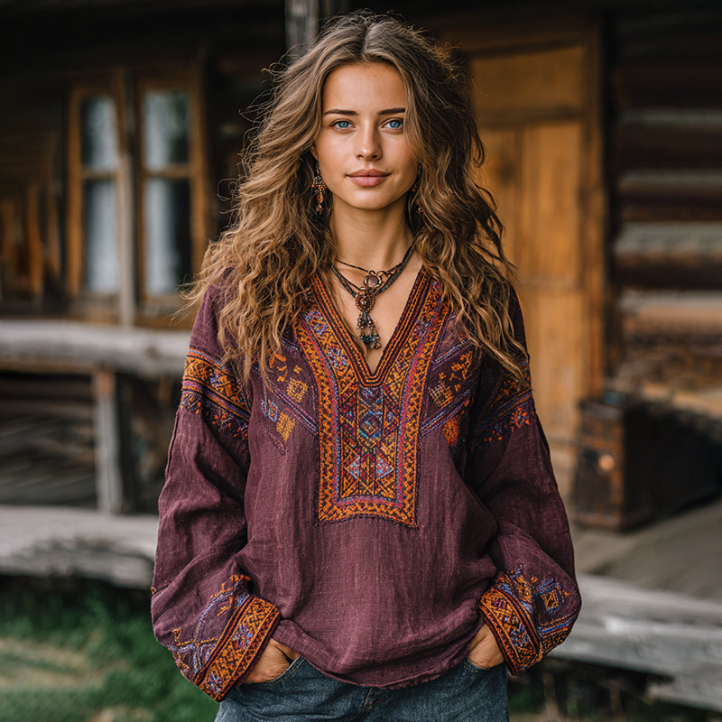 Women's Vintage Vacation Boho Tribal Ethnic Print V-neck Linen Blend Long Sleeve Tops