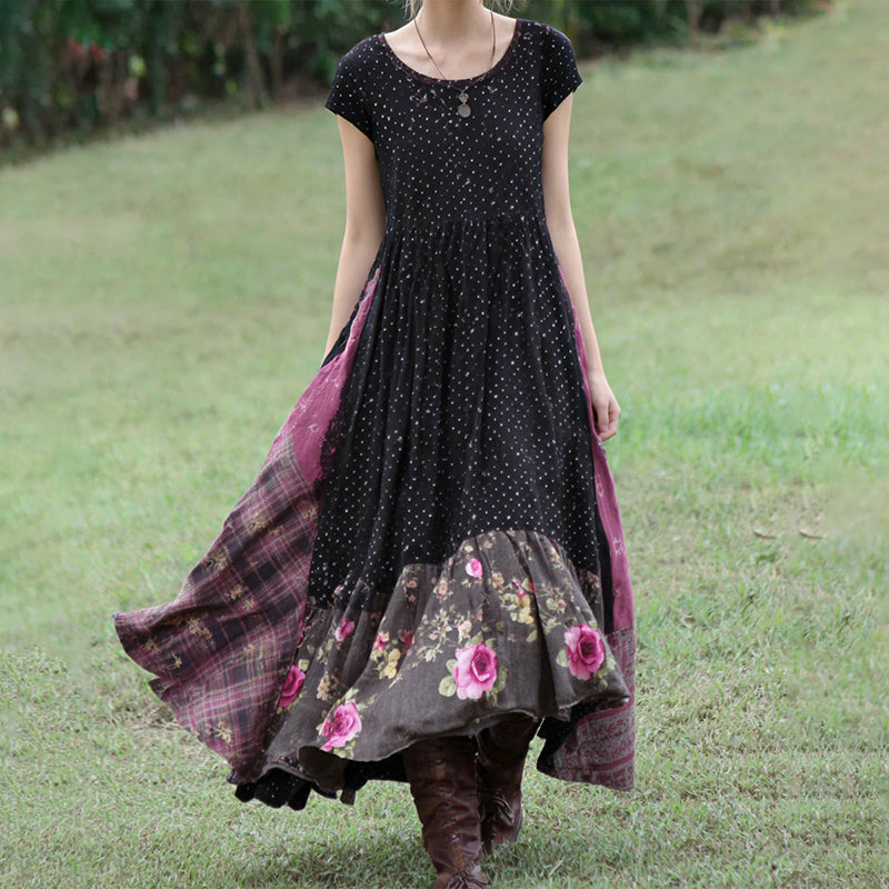 Women's Vintage Pink Rose And Plaid Patchwork Short-sleeved Dress