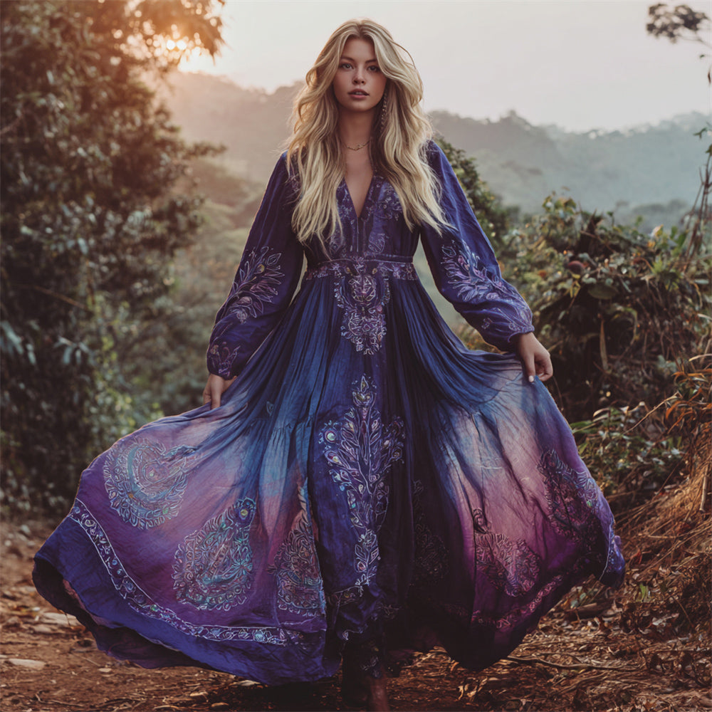 Boho Vintage Ethnic Floral Art Women's Linen V-neck Flowy Maxi Dress