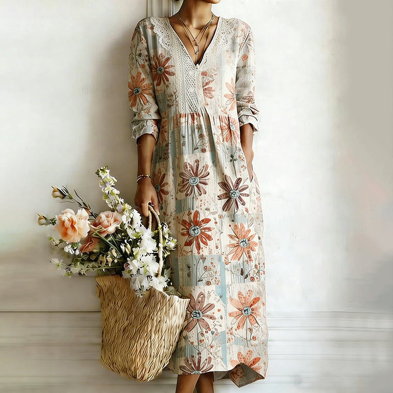 Women's Bohemian Vintage Floral Art Print Flowy Linen Blend Casual Dress