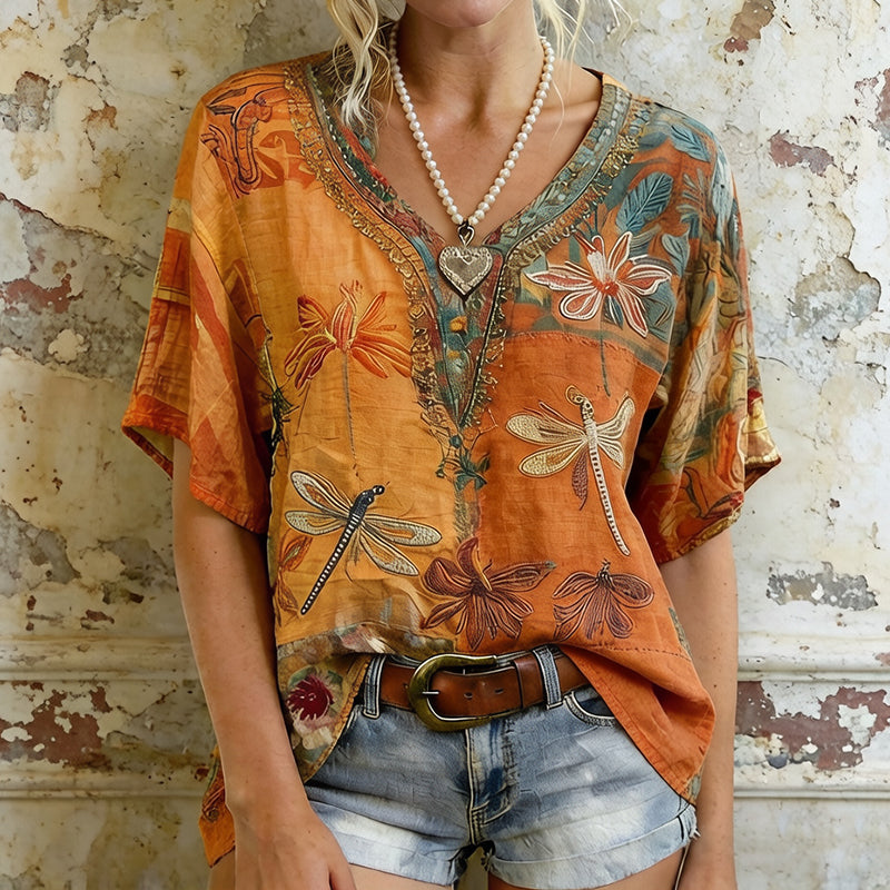 Women's Dragonfly And Floral Art  Flowy Linen Blend Short Sleeve Tops