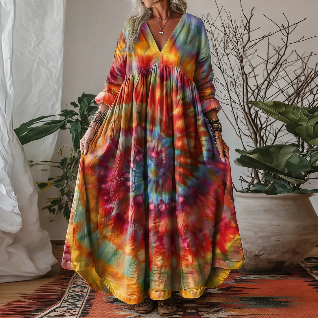 Women's Retro Hippie Rainbow Tie-dye Art Patterns V-neck Maxi Dress
