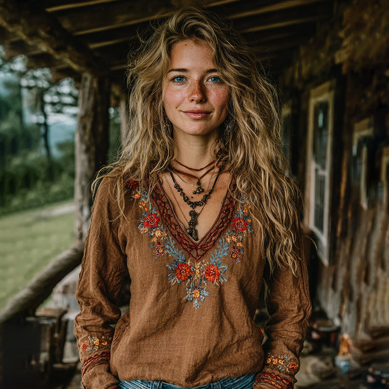Women's Vintage Floral Embroidered Art Linen Loose Blouses