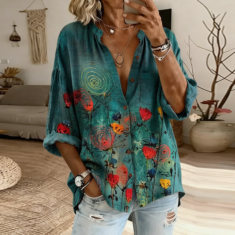 Women's Vintage Floral Pattern Art Print Flowy Linen Blend Shirts
