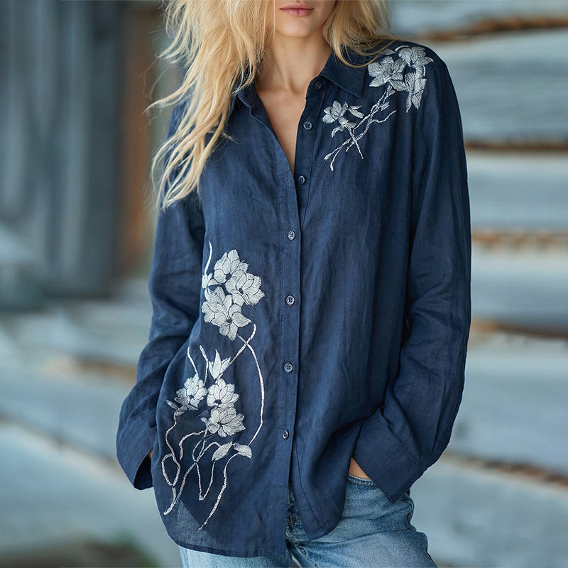Women's Floral Pattern Linen Long Sleeve Shirt