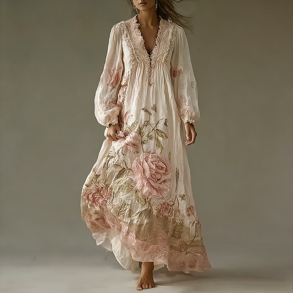 Retro Pink Rose Design V-neck Long-sleeve Casual Dress