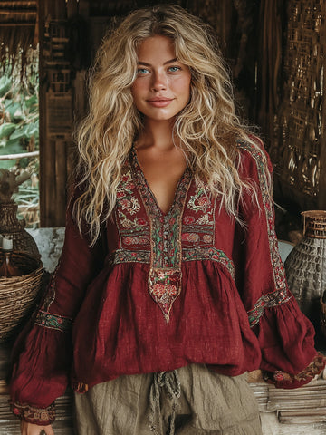 Women's Vacation Boho Tribal Ethnic With Floral Patterns Print V-neck Linen Blend Tops