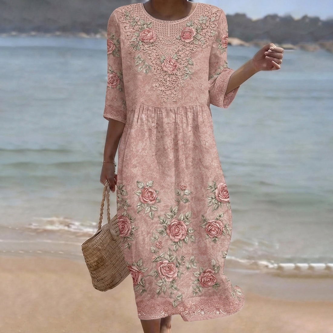 Vintage Floral Art Pattern Linen Blend Loose Three-quarter Sleeve Dress