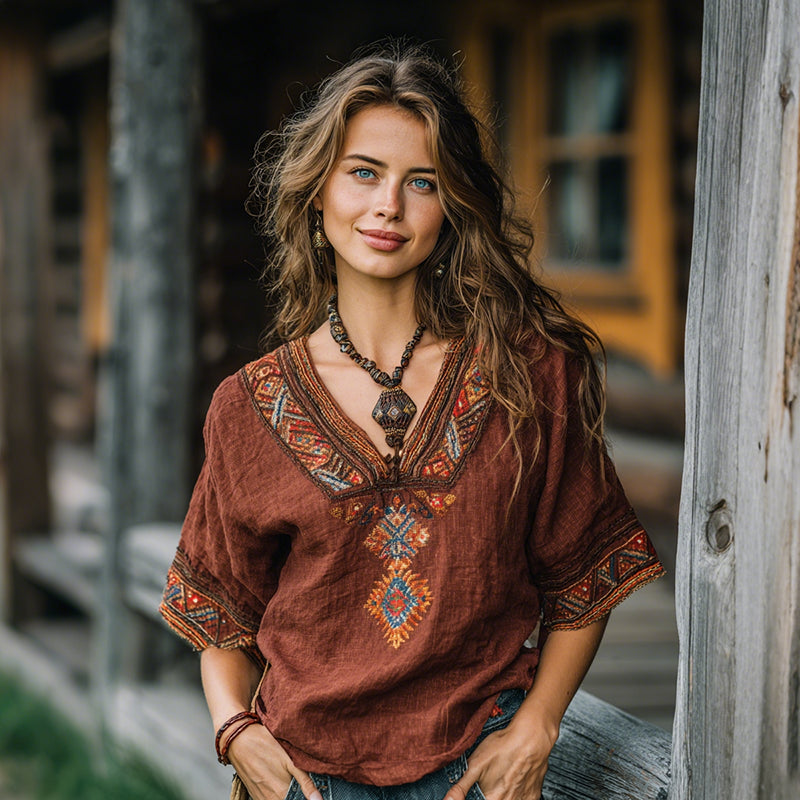 Women's Vintage Vacation Boho Tribal Ethnic Print V-neck Linen Blend Tops