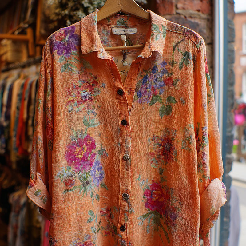 Women's Bohemian Floral Print Casual Linen Long-sleeved Shirt
