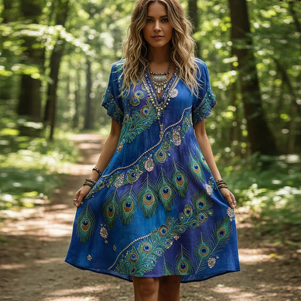 Women's Vintage Peacock And Floral Gradient Pattern Short-sleeved Dress