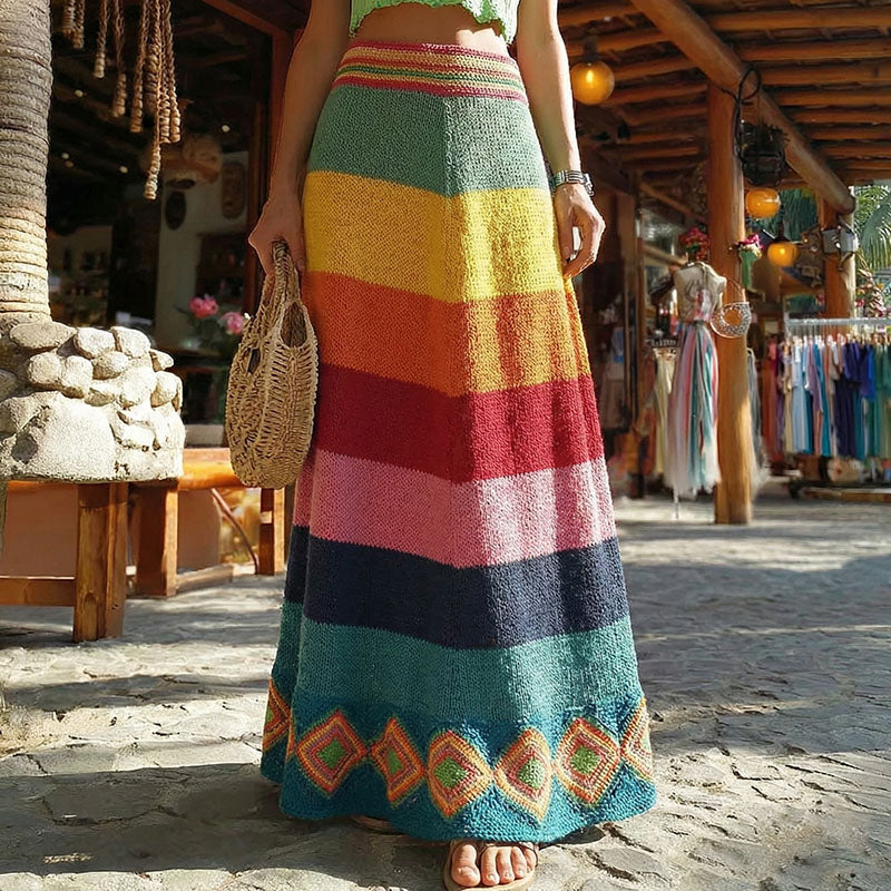 Vintage Classy Spring Vacation Color Block Rainbow Art Cozy Knitted Skirt