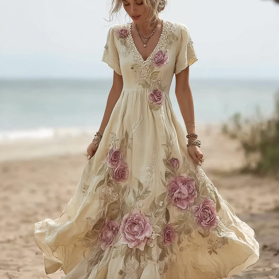 Bohemian Style Pink Rose V-neck Short-sleeved Dress