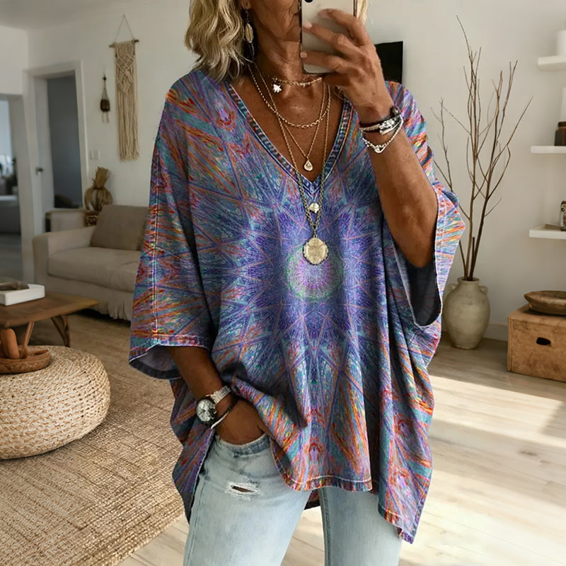 Ethnicity Retro Geometry Kaleidoscope Women's Art Print Casual Top