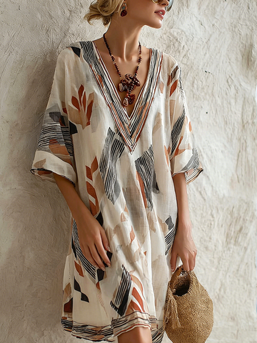 Geometric Pattern Design Casual Linen Vacation Style Dress