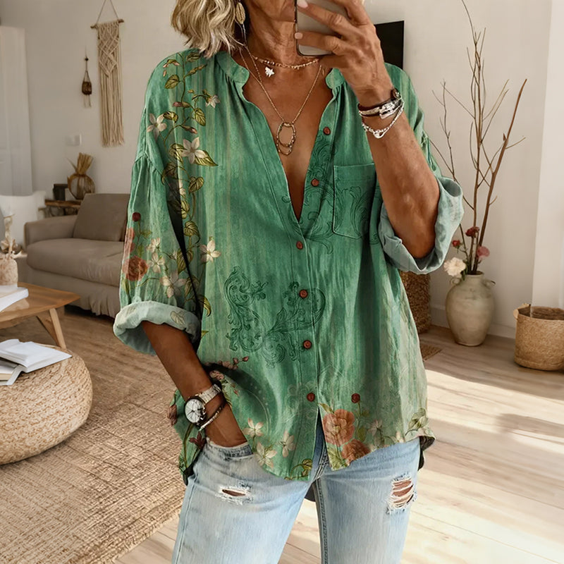 Ethnicity Geometry Flowers Green Women's Vintage Art Print Casual Cotton And Linen Shirt