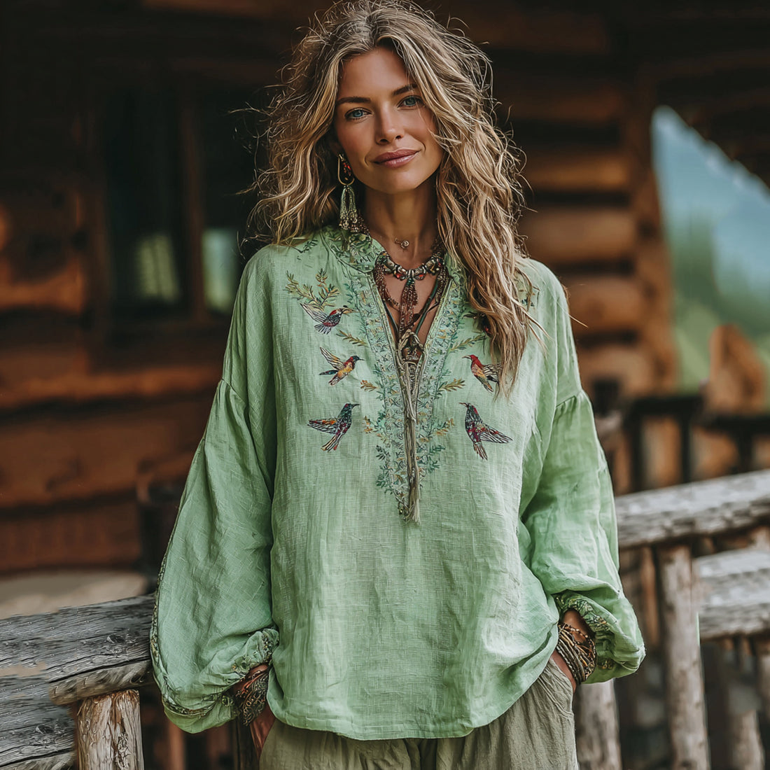 Women's Vacation Boho Floral And Birds Print Linen Blend Tops