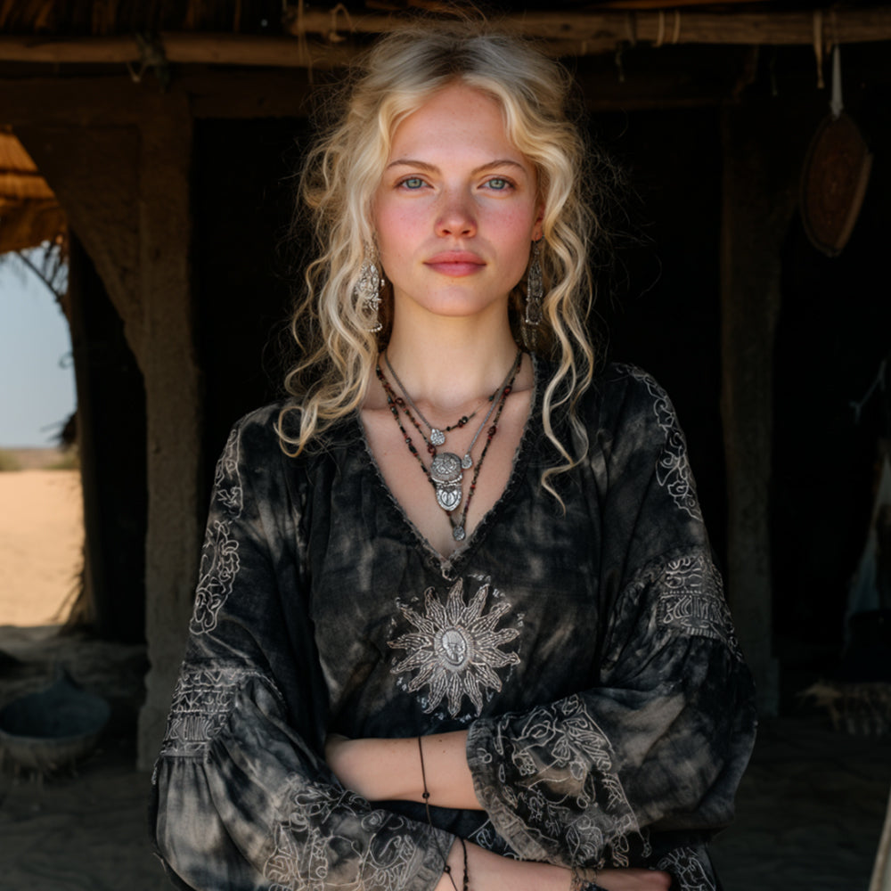Mysterious Moon Divination Art Tie-dyed Black Linen Top