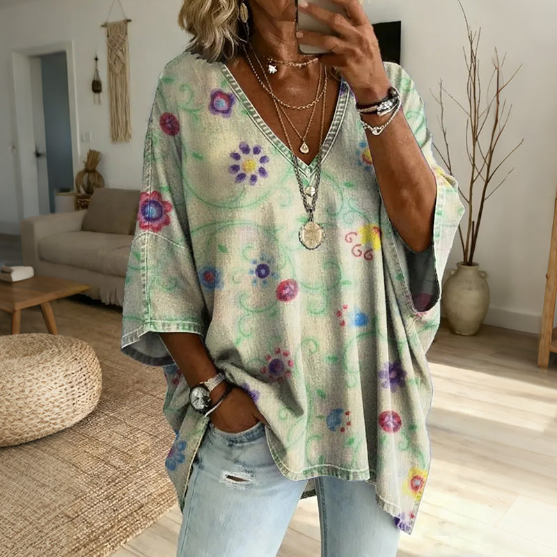 Women's Floral Art Print Casual Loose Cotton Top