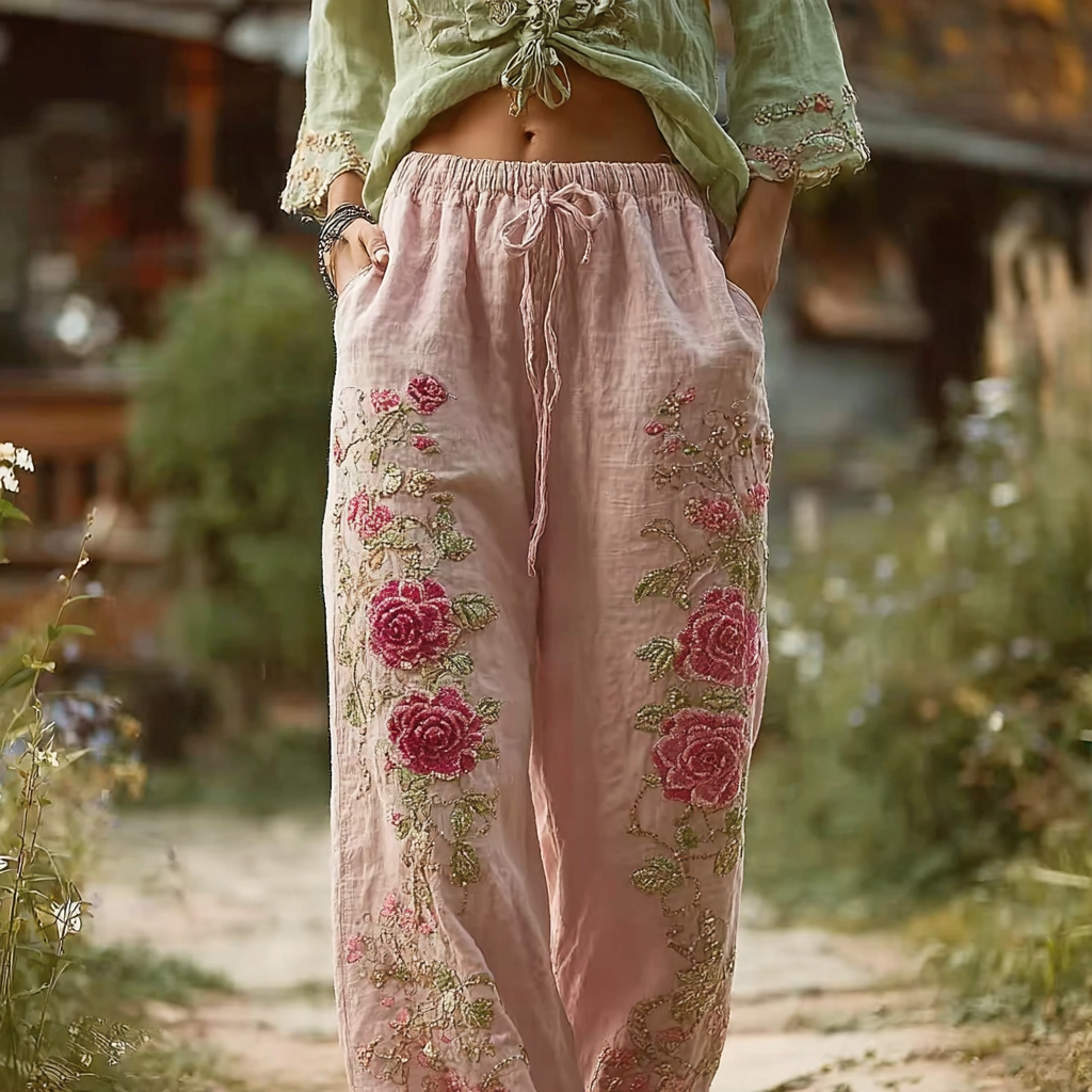 Bohemian Style Retro Pink Rose Casual Cotton And Linen Long Pants