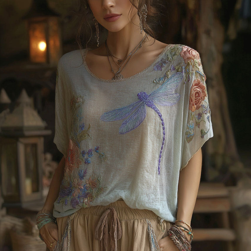 Women's Vintage Floral And Dragonfly Pattern Linen Blend Casual T-shirt