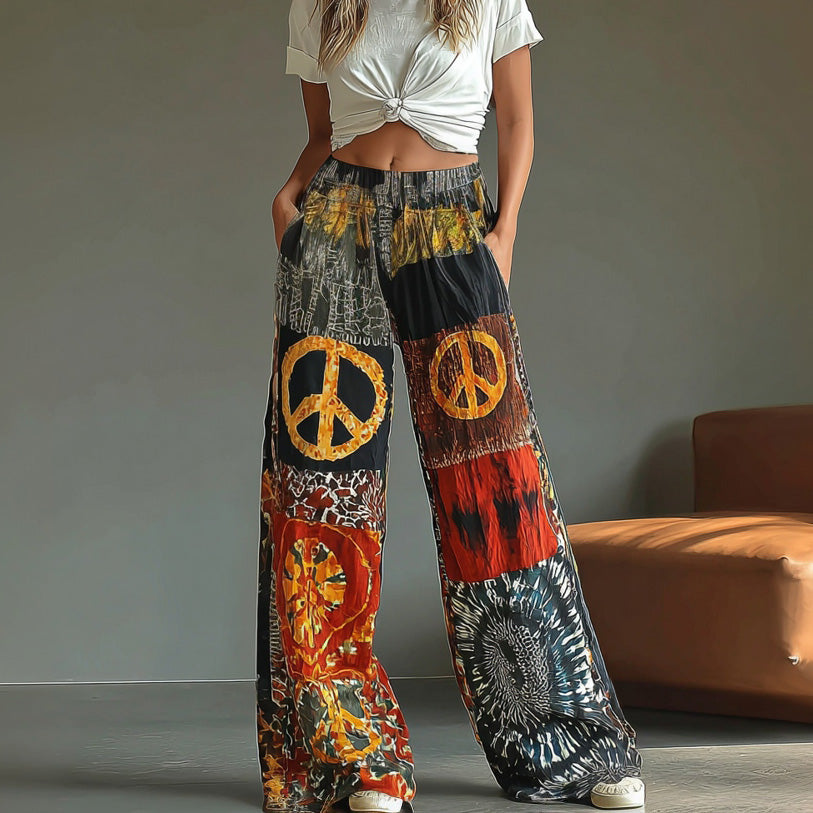 Women's Hippie Tie-dye Peace Logo Print Casual Pants