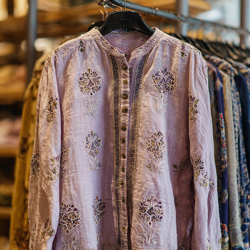 Women's Bohemian Floral Print Casual Linen Button-up Shirt