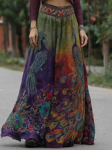 Women's Retro Elegant Peacock Floral Embroidery Art Linen Blend Casual Midi Skirt
