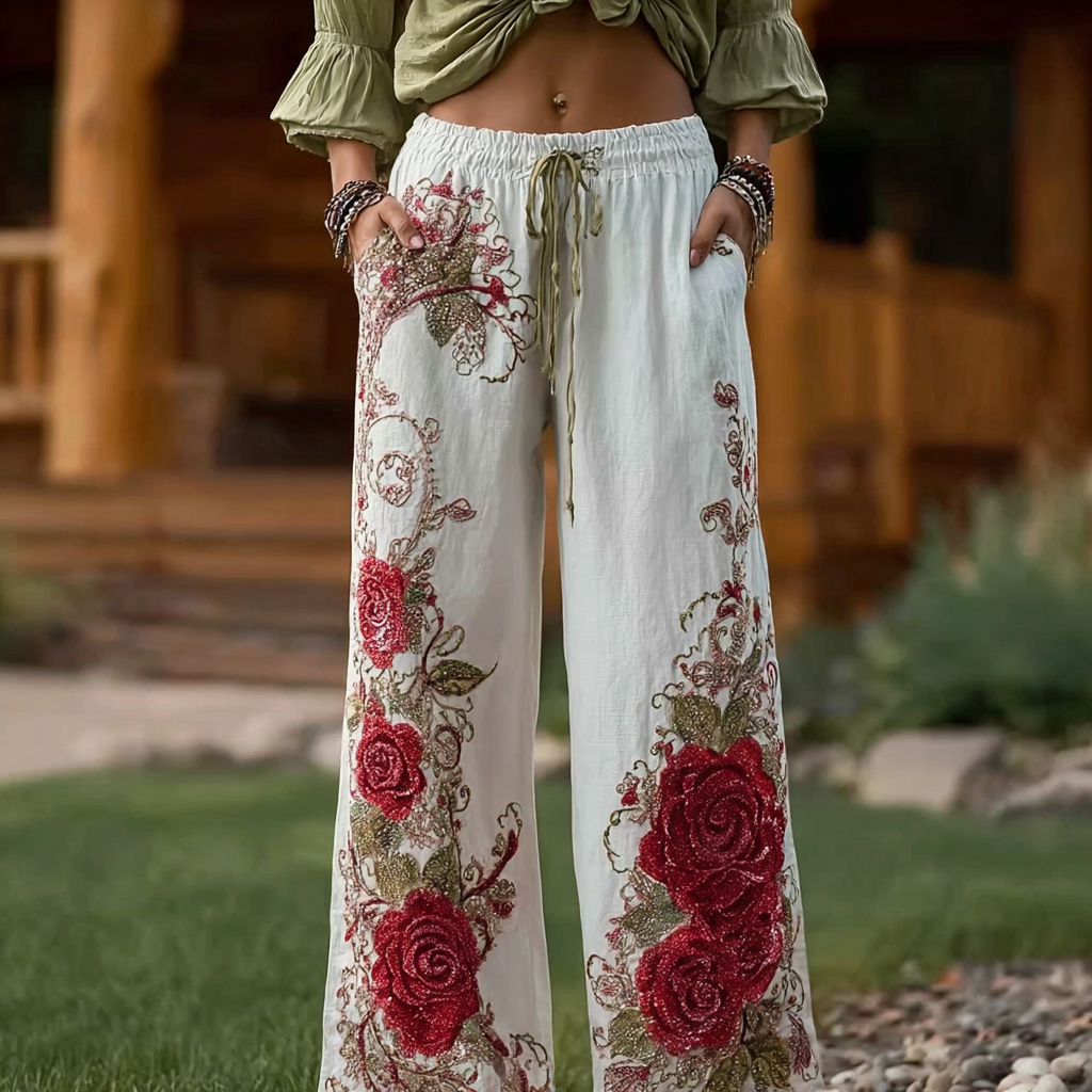 Retro Red Rose Pattern Casual Cotton And Linen Long Pants