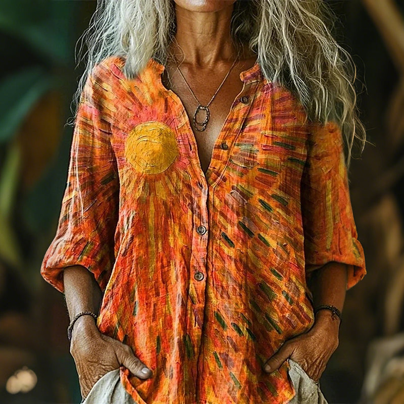 Women's Peace Sun Pattern Casual Linen Shirt