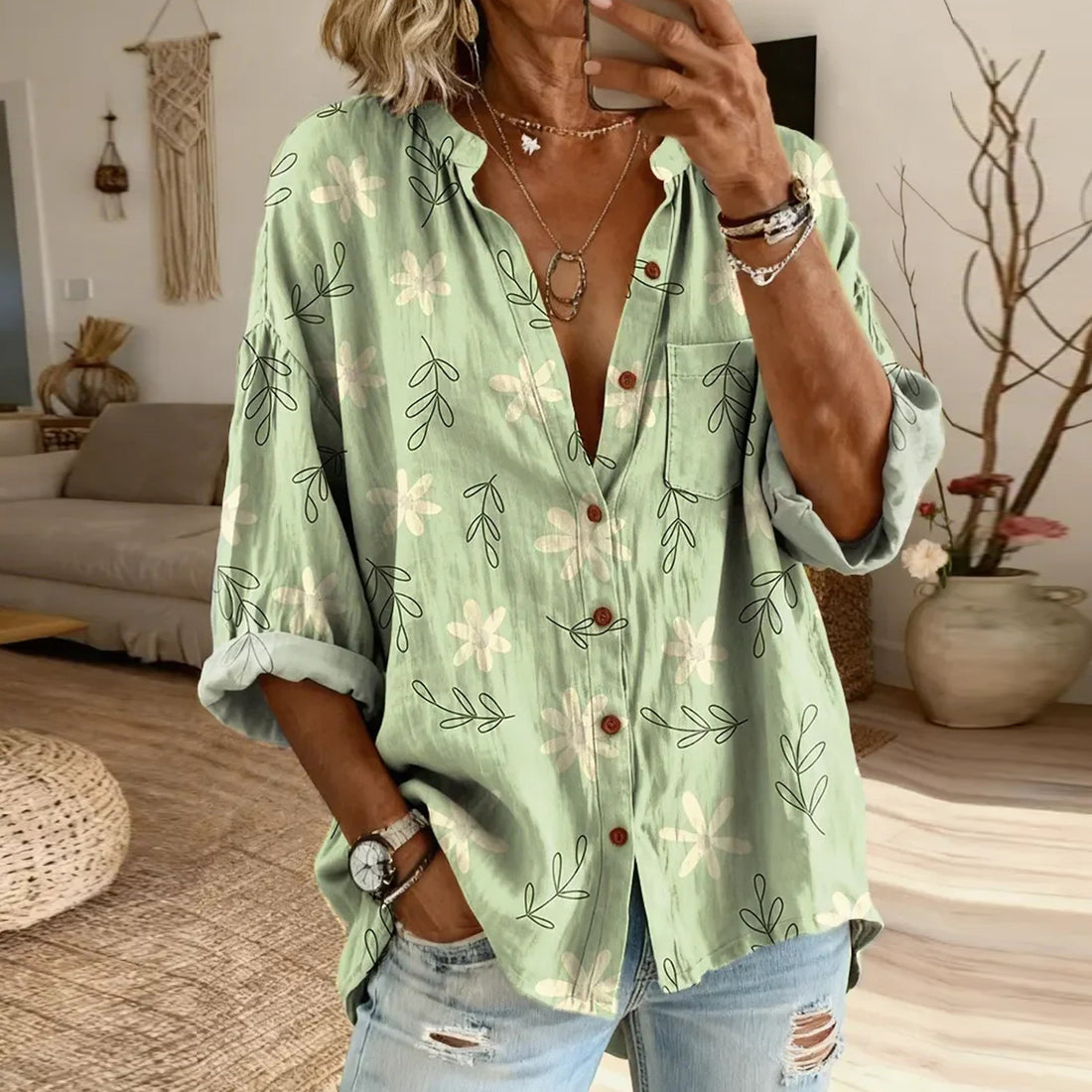 Ethnic Bohemia Flowers Light Green Women's Vintage Art Print Casual Cotton And Linen Shirt