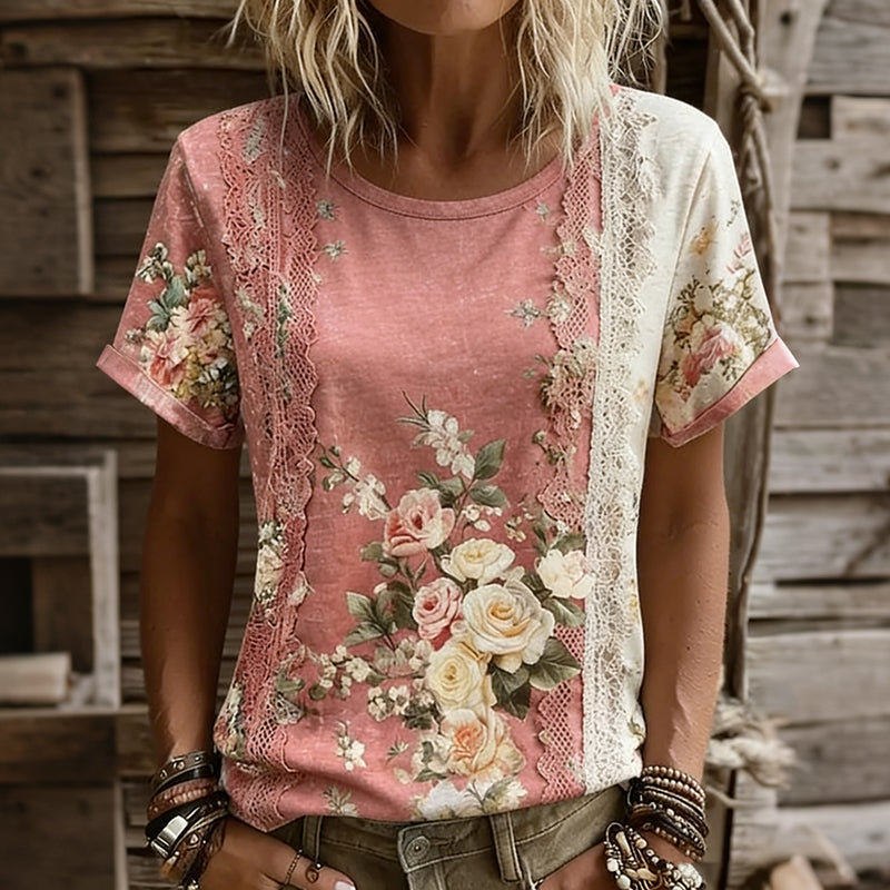 Women's Vintage Floral Art Print Flowy Short Sleeve Tshirt