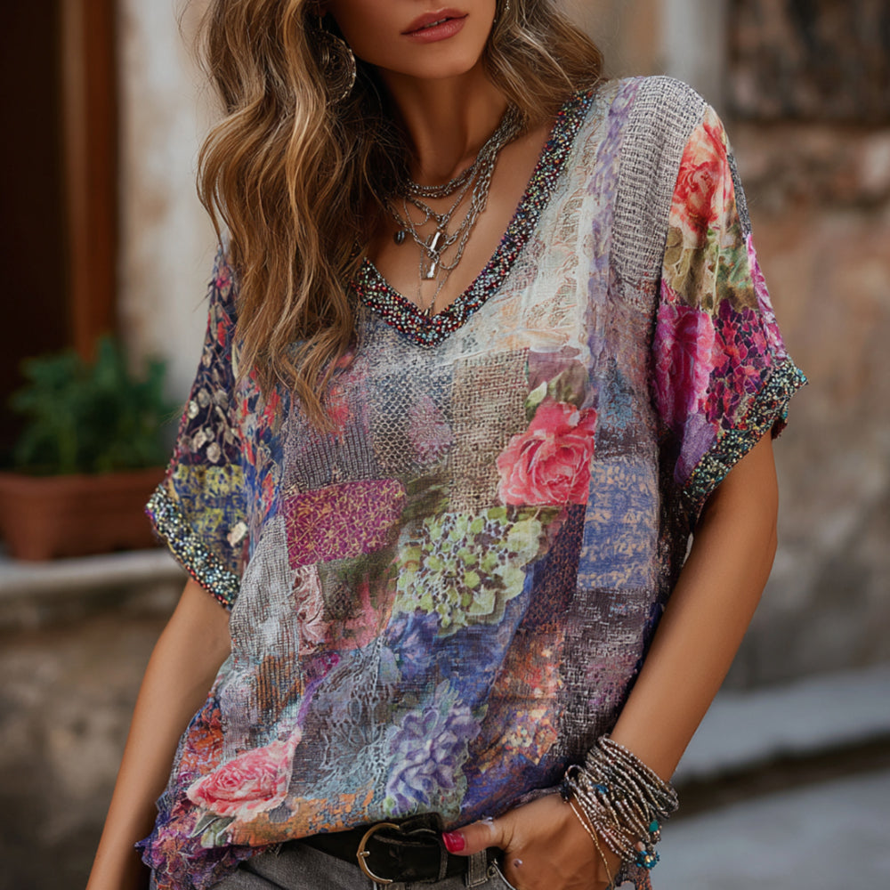 Vintage Bohemian Geometric Floral Patchwork Lightweight Short Sleeve Top