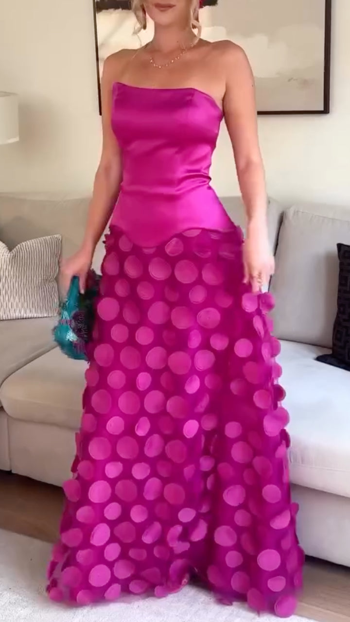 Fuchsia 3D Dot Strapless Satin Maxi Dress