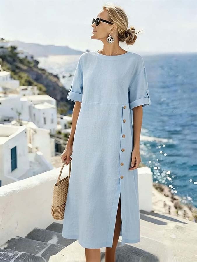 Women'S Casual Loose-Fitting Solid Color Cotton And Linen Dress