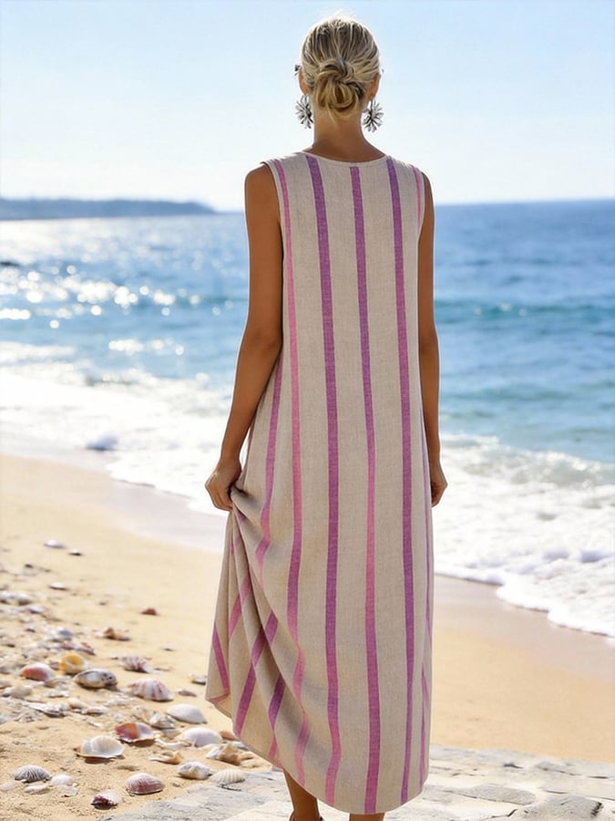 Women'S Round Neck Sleeveless Striped Vacation Dress