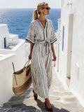 Women'S Casual V-Neck Striped Tie-Waist Dress