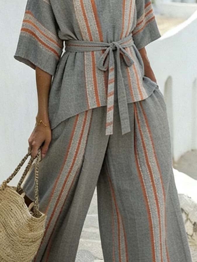 Women'S Casual Striped Color-Block Wide-Leg Pants Set