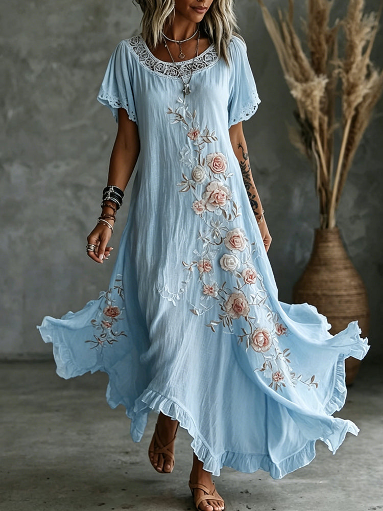 Women's Vintage Rose Floral Art Pattern Crew Neck Short Sleeve Linen Maxi Dress