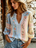 Vintage-style Botanical Floral And Lace Art Embroidery Spliced Comfortable Cotton Linen Distressed V-neck Long Sleeve Top