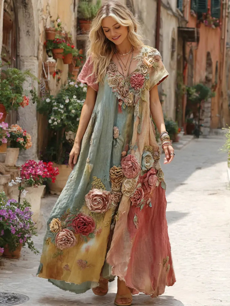 The Ice Cream Collection Women's Classic Bohemian Floral And Rose Gradient Art Linen V Neck Maxi Dress