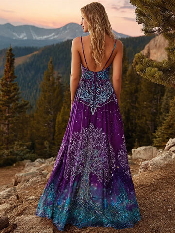 Viking Tree Of Life Gradient Purple Women's Spaghetti Straps V-neck Maxi Dress