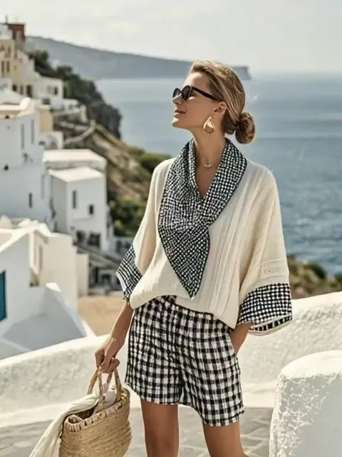 Women'S Loose Striped Scarf Holiday Shorts Set