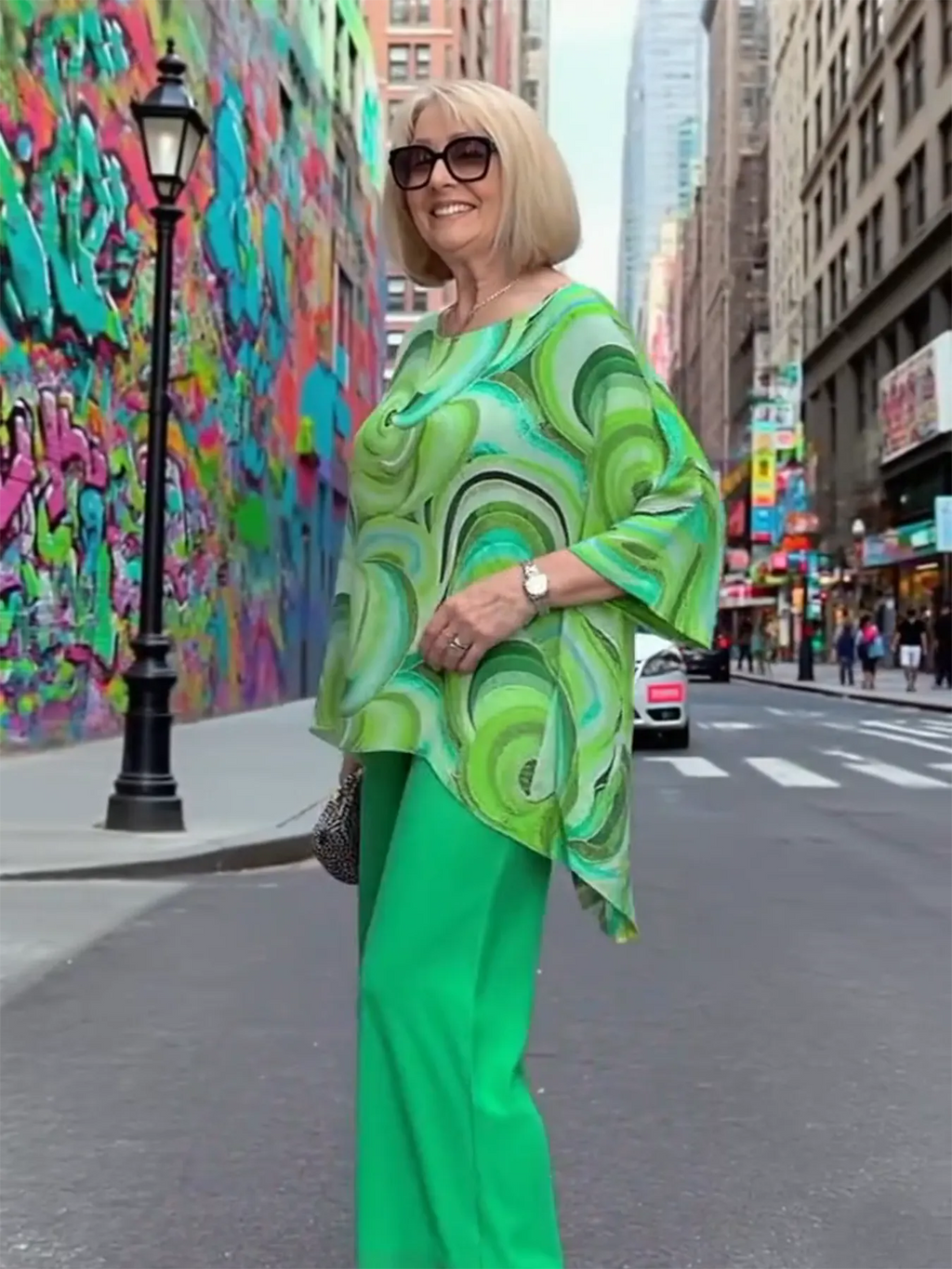 2Pcs Color Chiffon Set Casual Crew Neck Printed Two-piece Set Women